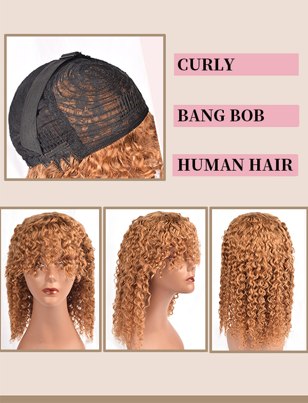 Lace wig with front bangs, full headband, African Bang BOB Wig, European and American style, shoulder-length curly hair