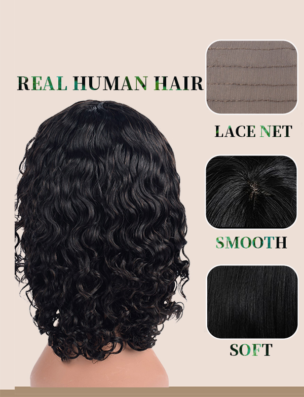 Full wig, middle parted long curly hair female bob bang bob wig shoulder length short curly hair human hair