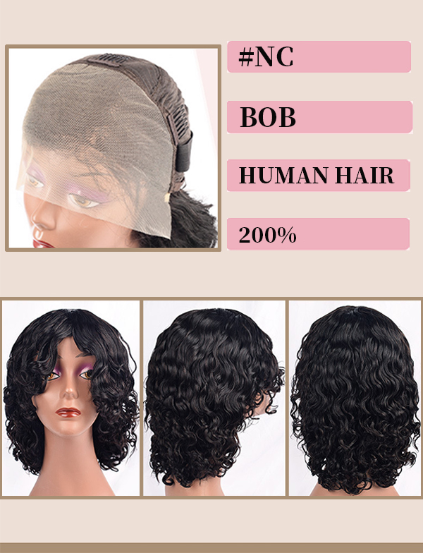 Full wig, middle parted long curly hair female bob bang bob wig shoulder length short curly hair human hair